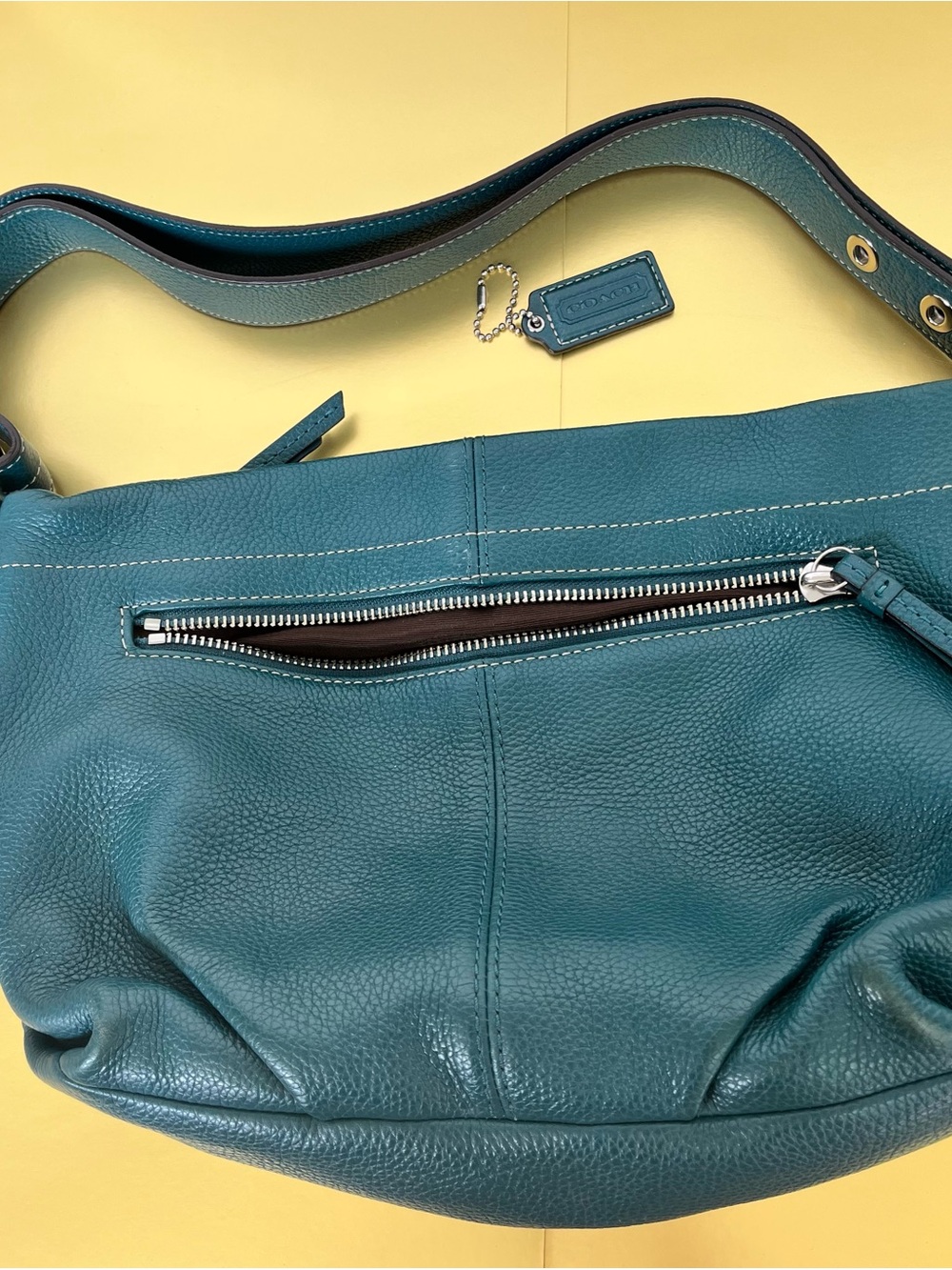 Coach Teal Pebbled Leather Hobo Shoulder Bag Silver - Picture 4 of 8